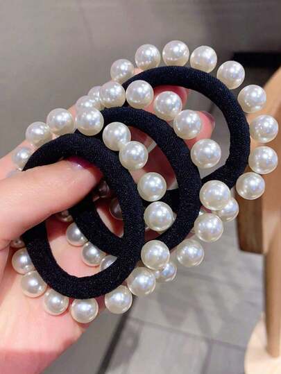 3pcs Shiny Bohemian Polyester Faux Pearl Hair Ties, High Elasticity Seamless Hair Bands For Ponytail & Bun, Suitable For All Seasons