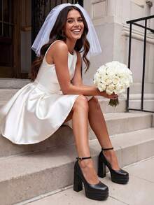 Women's High Chunky Platform Square Toe Heels Pumps Closed Toe Block Ankle Strap Solid Color Dress Fashion Party Y2K Shoes For Fall And WInter - màu đen - Xem 3