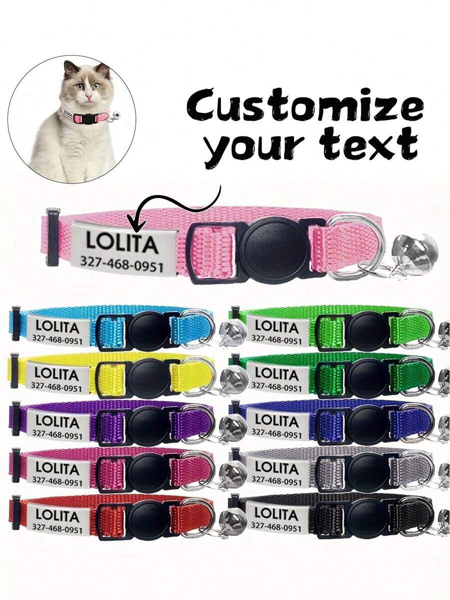 Customizable Cat Collar With Bell - Personalized Name And Phone Number, Safety Buckle Anti-Lost Collar For Cats And Kittens - Multicolor - View 1