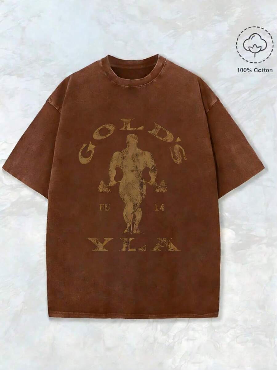 Gym Motivation Design With Golden Lettering & Weightlifting Art Print Washed T Shirt 230gsm, Round Neck Gym & Outdoor Sports Apparel, All-Season Fitness Shirt, Training Gear, Sporty Design, Durable Construction, Performance Wear, Casual Athletes, Halloween & Christmas Casual Wear, Gym Shirts, Comfortable Fit Shirt, Workout Clothing, Street Style, Fitness Enthusiasts2025 - 棕色 - 查看 1