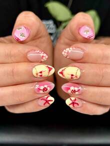Instantly Upgrade Your Look With 24pcs Nail Patches, Medium To Long Almond Nails, Ins Style Nail Chips, Classic French Nails, Yellow Flowers, Starfish, Bikini Pattern Design, Modern Creative Fake Nails, Fresh And Beautiful Nail Kit, Suitable For Girls, Office Women, Daily, Dating, Holiday, Party Nail Supplies, Spring And Summer Press Style Fake Nails - Multicolor - View 2
