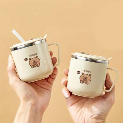 1pc 270ml Mini Cute Capybara Milk Mug, Children's Water Cup With Straw & Handle, Sealed Leak-Proof 316 Stainless Steel Straw Cup, Portable Double-Wall Thermal Insulated Tea Milk Coffee Cup, Anti Scalding Drinking Cup Drinkware, Suitable For Student And Adult Use In Home, School, Office, Party, Camping, Picnic