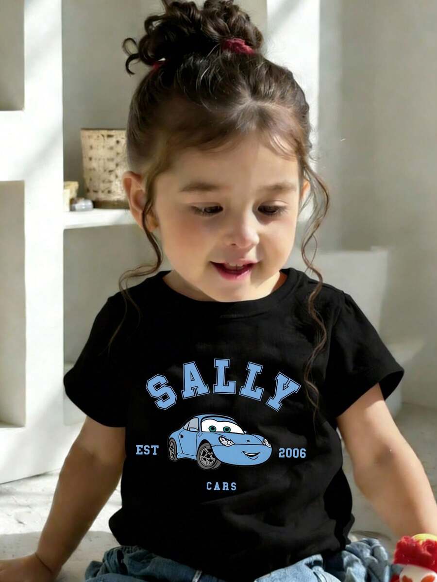 This Disney Cars Sally-Patterned Casual And Simple Crew-Neck Short-Sleeved T-Shirt Is Designed For Both Baby Boys And Girls, Making It An Ideal Choice For Summer Wear. - 黑色 - 查看 1