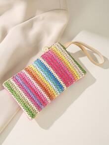 彩虹条纹编织草编手拿包，夏季沙滩腕包，女士时尚手提包，波西米亚风度假包 - 彩色 - 查看 3