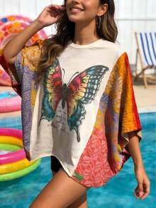 Ladies' Casual Colorful Butterfly Print Spliced Batwing Sleeve Top - Spliced Extended Version With Personalized Sleeves - Multicolor - View 4