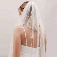 1件长款新娘珍珠头饰，带发梳，教堂派对婚礼配饰，仿珍珠新娘面纱 - 彩色 - 查看 4