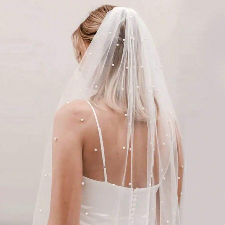 1pc Long Bridal Pearl Headpiece With Hair Comb, Church Party Wedding Accessory, Faux Pearl Bridal Veil - Multicolor - View 1