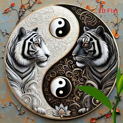 1pc 2D Printed Round Wooden Plaque, Black And White Yin Yang Bengal Tiger Art Decor, Attractive Decorative Sign, Best Gift, Metal And Wood Wall Plaque Decoration, Home Decor, Interesting Ornament, Sky Garden, Porch, Living Room, 2D Flat, Suitable For Room Decoration, Pre-Drilled Holes As Shown In Size