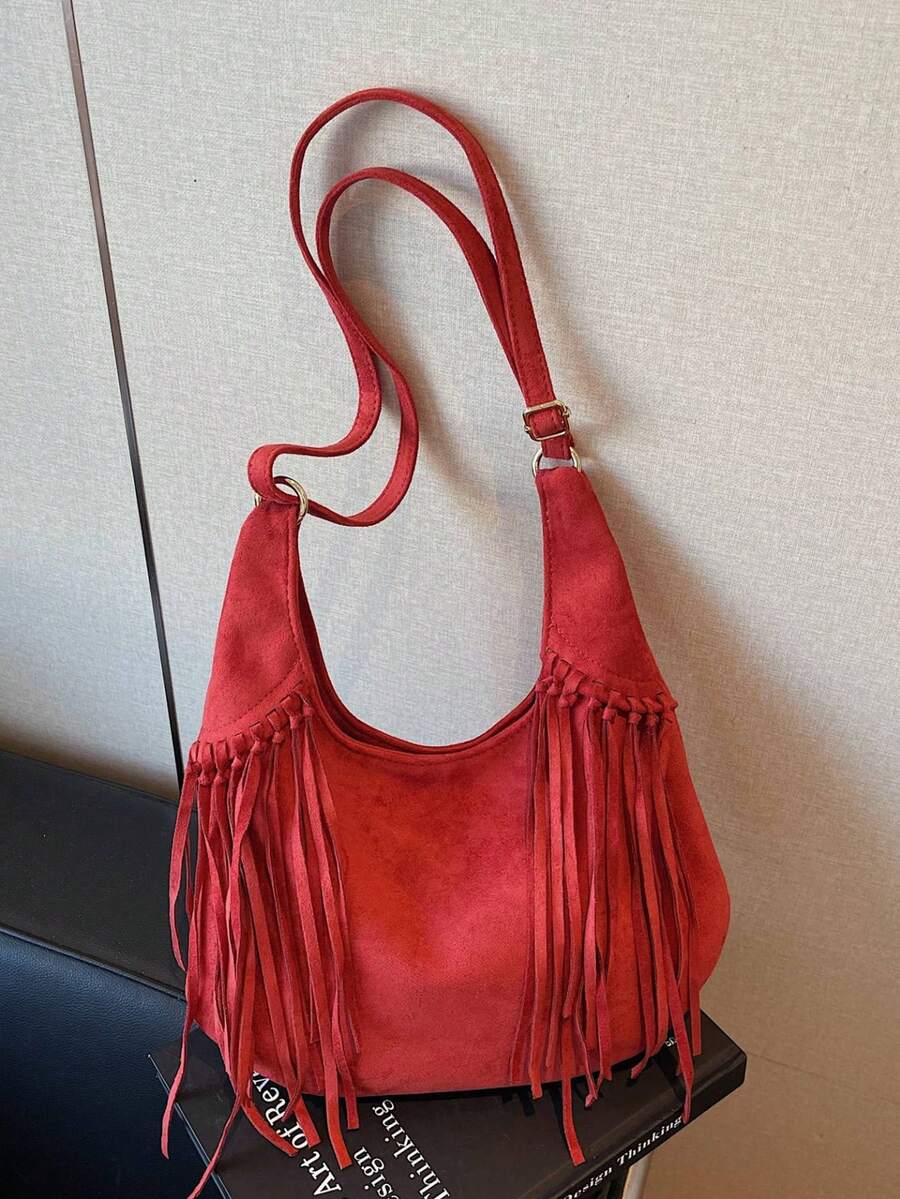 Niche Suede New Crossbody Bag For Women, Large Capacity Fashion Tassel Shoulder Bag - Red - View 1