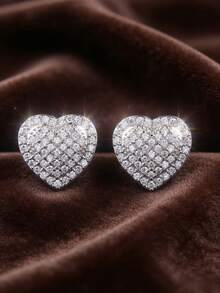 1 Pair Fashionable Minimalist Design New Luxury Fully Paved Crystal Heart Stud Earrings, Suitable For Daily, Vacation, Party, Wedding, Valentine's Day Gift - White - View 1