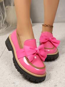 1双女士漆皮厚底乐福鞋，亮粉色英伦学院风，蝴蝶结装饰，粗方跟，大码通勤鞋，百搭日常穿搭，春秋新品，休闲时尚，街头潮流，平底一脚蹬鞋 - 粉色 - 查看 2