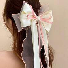 1pc Large Hair Bows Clips For Women Pink White Hair Bows Elegant Long Tail Bowknot Hairpins Spring Summer Hair Barrettes French Ribbon Clips - Pink - View 8