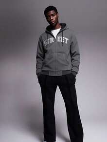 Voidago Áo khoác nỉ nam có khóa kéo, in chữ và có túi lớn, kiểu dáng cargo năng động, thích hợp cho mùa xuân thu, chất liệu nỉ cao cấp. - Màu xám đen - Xem 1