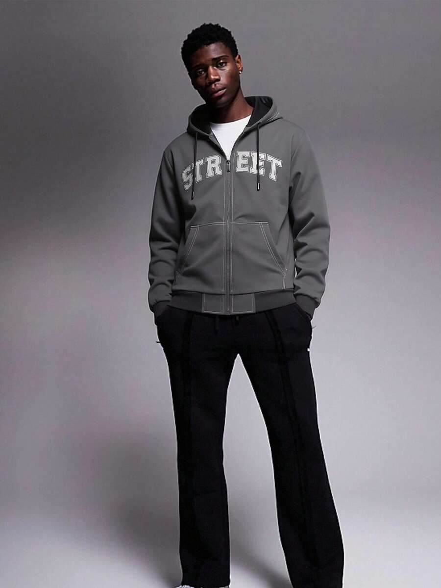 Voidago Áo khoác nỉ nam có khóa kéo, in chữ và có túi lớn, kiểu dáng cargo năng động, thích hợp cho mùa xuân thu, chất liệu nỉ cao cấp. - Màu xám đen - Xem 1