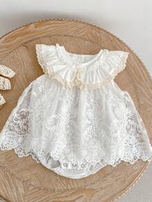 Summer New Baby Girl Clothes, Exquisite Girls Ruffled Mesh Floral Hem Skirt Bodysuit, Cute Princess Party Dress - White - View 5