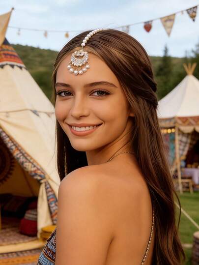 1pc Retro Palace Style Forehead Chain, Fashionable Versatile Faux Pearl & Rhinestone Jewelry Hair Accessory, Headpiece