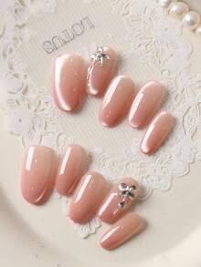 10片装橘粉色猫眼闪钻蝴蝶美甲贴片，短款办公日常佩戴假指甲，套装包含1张粘性贴片和1个迷你指甲锉。 - 彩色 - 查看 2