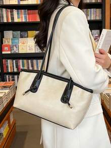 Solid Color PU Leather Minimalist Retro Versatile Women Tote Bag, Large Capacity Travel Essential Tote - Beige - View 8