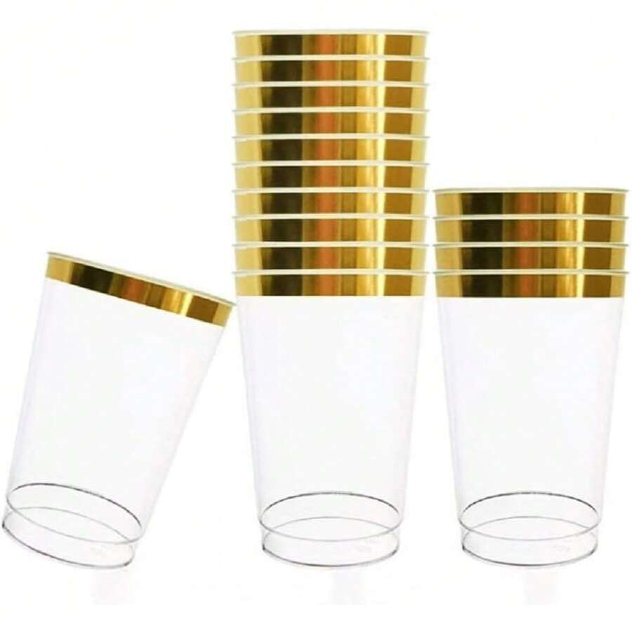 20个7盎司/200毫升金色镶边航空风格可重复使用水晶透明水杯，经久耐用，适用于婚礼和派对 - 金色 - 查看 1