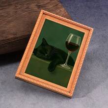 1pc Slouchy Black Cat Drinking Wine & Eating Noodles Fridge Magnet - Mini Wooden Frame Decorative Painting, With Comfortable Black Cat Drinking Red Wine Pattern, Durable, Ideal For Home Kitchen Decor, Also A Kitchen Accessory, Designed With Humor - Black Cat - View 11