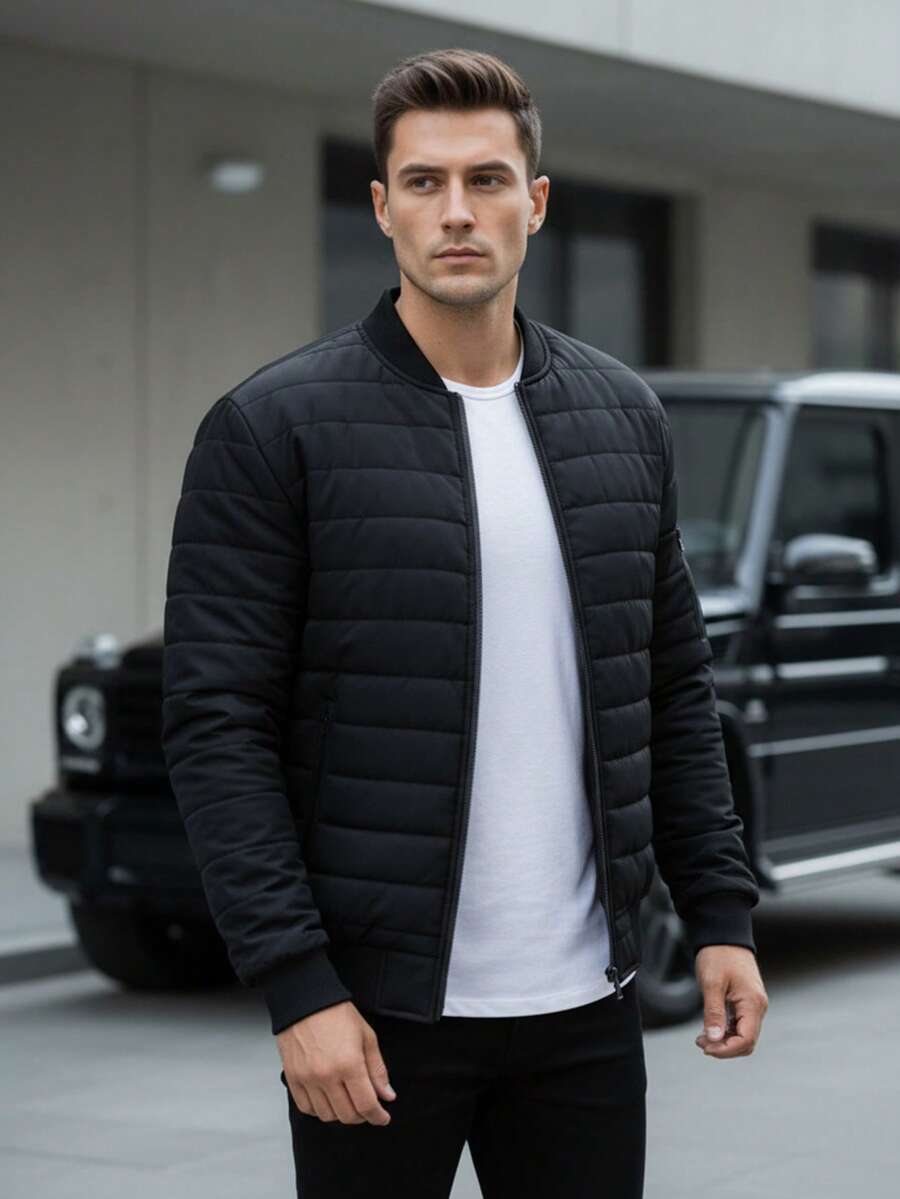 Chaqueta bomber acolchada con cremallera para hombre, chaqueta bomber para hombre con puños y dobladillo, chaqueta acolchada para hombre con bolsillos con cremallera, bolsillos en las mangas y bolsillos interiores, chaqueta bomber corta para hombre. - Negro - Ver 1