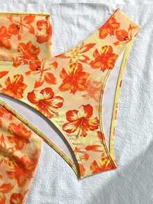 2026 New Fashion Casual Women's Bikini Set With Tie Strap & Sarong Skirt 3-Piece, Suitable For Spring/Summer Daily, Beach, Resort, Pool Party Vacation - Yellow Orange - View 6
