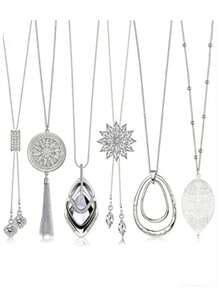 6件套女士长项链套装，流苏吊坠项链，圆杆羽毛叶子毛衣链，个性化项链 - 銀色 - 查看 2