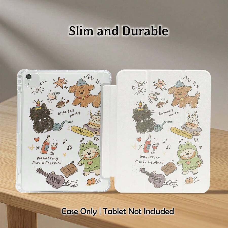 Colorful Painted Tablet Protective Case, Featuring Cute Dog, Birthday Party, Music Festival Patterns, With Stand, Compatible With Samsung A9/A9+/S9/S9FE/A11/A11+/S11/S10 FE/S10 FE+/S10 Lite And Other Popular Models, Also Compatible With Apple Air 5/6, Honor, Matepad, And Other Brands, Foldable Anti-Bending Design, Auto Wake/Sleep Function, Built-In Pen Slot, Triple-Fold Stand - Perfect Daily Protection, Ideal Gift For Holidays - Multicolor - View 1