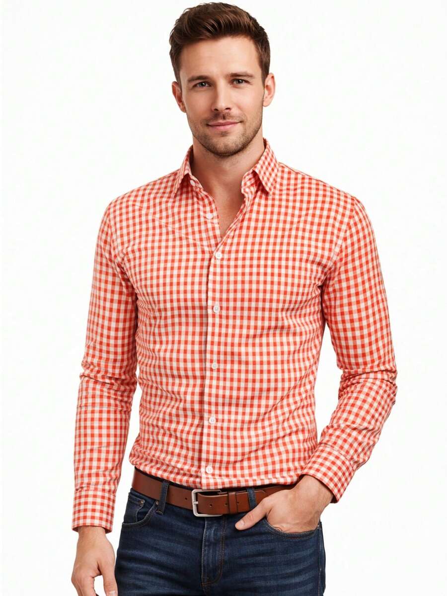 Rand paul Men's Casual Comfortable Checkered Shirt - 橘色 - 查看 1