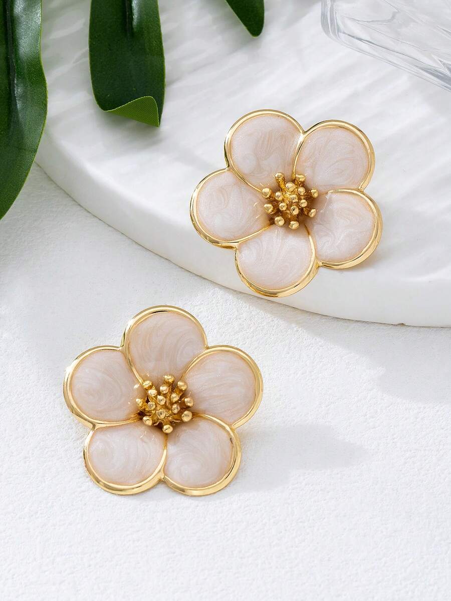 1对时尚优雅的油滴花朵耳环，适合女士度假佩戴 - 白色 - 查看 1