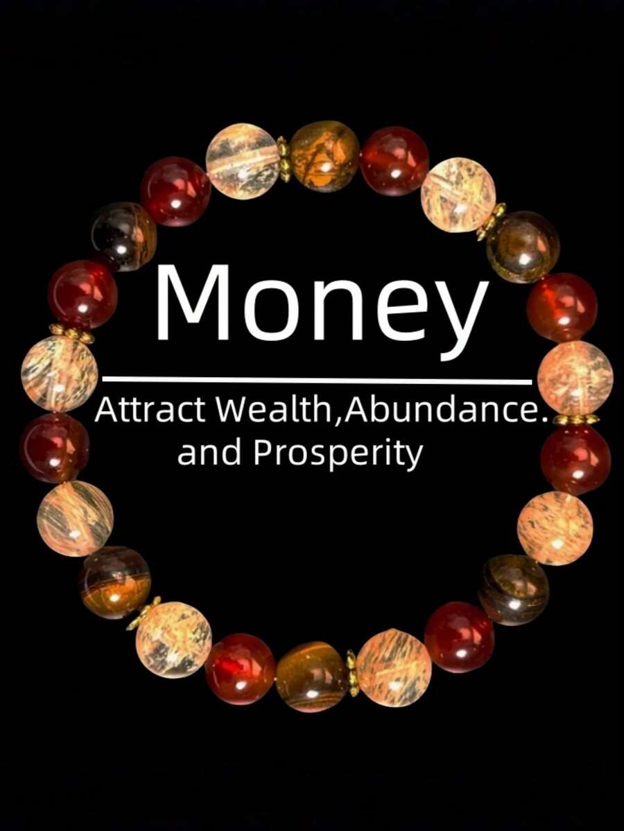 1pc 8mm Agate Beaded Bracelet - Yellow Tiger Eye, Red Agate - Natural Stone Elastic Beaded Bracelet - Attract Wealth, Bring Prosperity And Abundance, Attract Love, Bring Goodness - L01057 - View 1