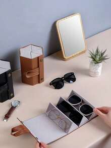 1pc Foldable Hanging Fashionable Eyeglass Storage Box, Portable Eyewear Case (2 Slots Black / 3 Slots Brown) - Black - View 3