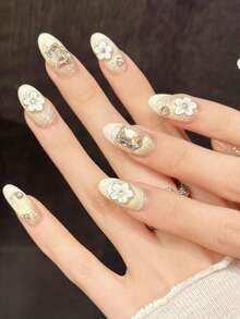10pcs Spring/Summer Handmade Press On Nails, Nude & Gold Glitter With Rhinestone & Flower Fake Nails, Short Square/Oval Nails Acrylic False Nails For Wedding Bride & Music Festival, DIY Nail Art Supplies, Reusable, With Jelly Glue And Nail File - Champagne - View 13