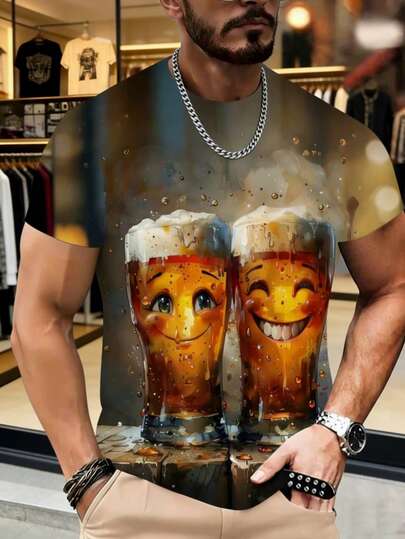 男士3D啤酒杯印花T恤 - 轻盈透气夏季休闲装，趣味3D图案短袖圆领T恤，适合夏季派对、街头服饰和啤酒主题场合 - 可机洗，啤酒爱好者的必备单品