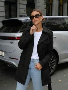 Women's Double-Breasted Windbreaker, Commuting Casual Jacket, Solid Color Design, Fashionable And Versatile For Spring And Autumn - Black - View 1