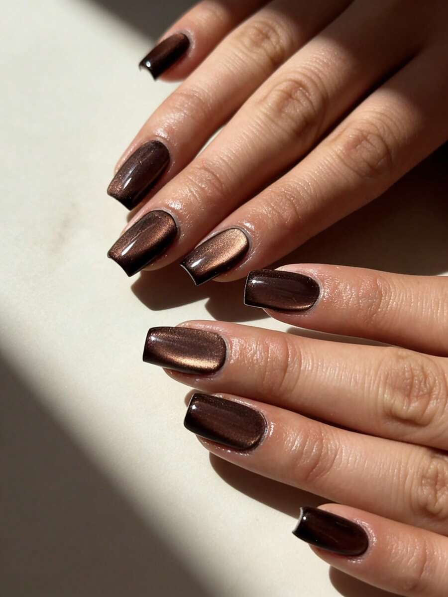 VV MEI JIA ER 24pcs Deep Brown Cat Eye Design Short Square False Nails, Minimalist Solid Color Full Coverage Short Nail Stickers, Suitable For Office & Daily Wear, Comes With 1 Nail File And Gel Adhesive - Brown - View 1