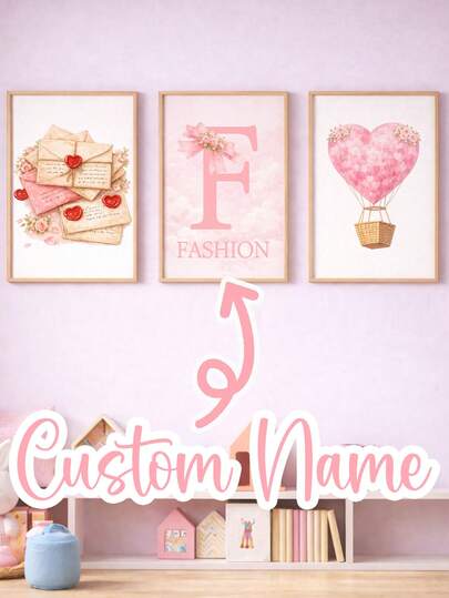 3pcs Personalized Name Children's Room Wall Art Set, Hot Air Balloon Canvas Painting, Boho Watercolor Kids Bedroom Decor, Customized Baby Name Wall Hanging, Nursery & Daycare Center Wall Decor, Neutral Art Poster