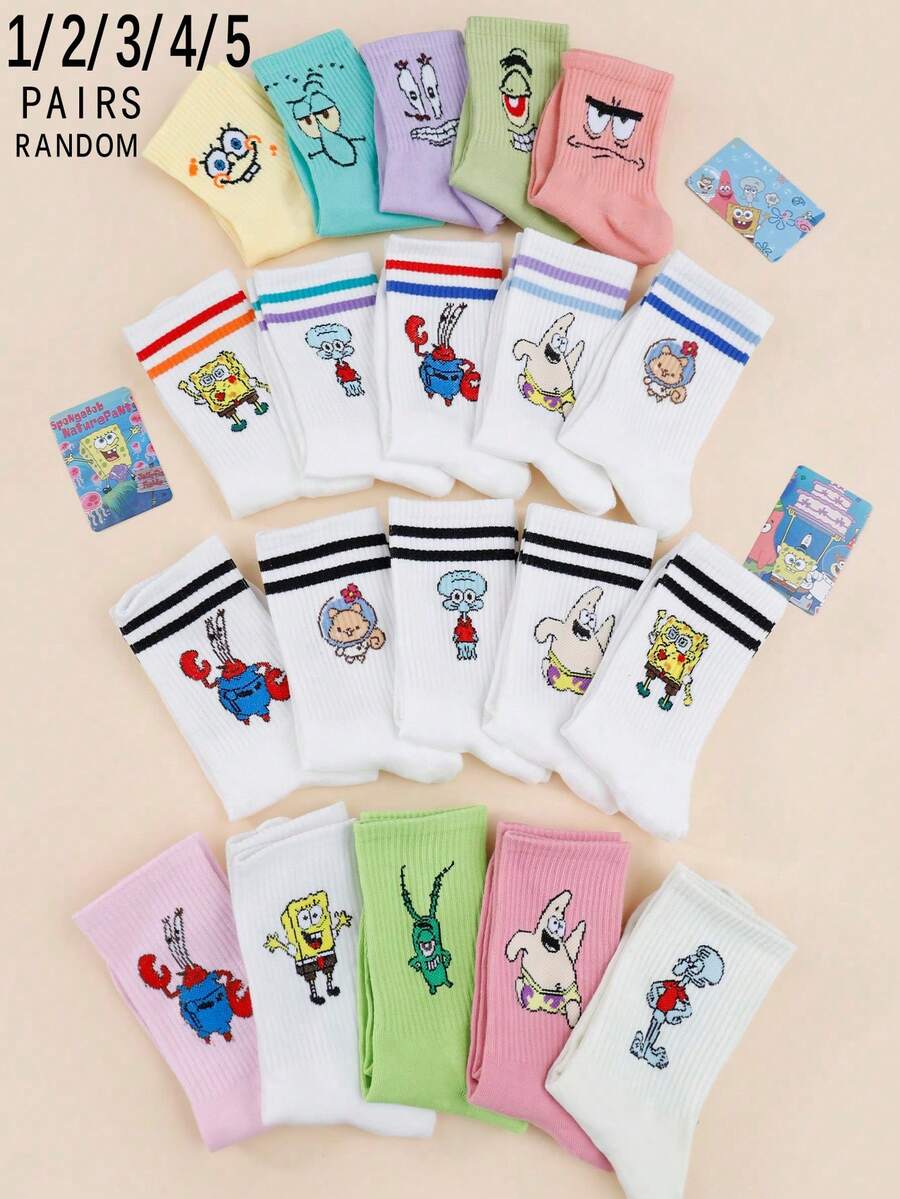 SpongeBob SquarePants 1/2/3/4/5 pares de calcetines de tripulación unisex con estampados temáticos de Bob Esponja, calcetines de pareja versátiles y divertidos - Multicolor - Ver 1