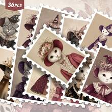 36pcs Vintage Art Cat Illustration Sticker Pack | Fashionable Retro Cat And Floral Pattern Vinyl Stickers | Suitable For Phones, Luggage And Decoration | Perfect For Cat Lovers And Art Atmosphere Enthusiasts - Rectangle - View 9