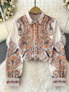 Standard Size Women's Cashew Print Bohemian Elegant Long Sleeve Shirt, Front Button Closure Shirt Collar, Suitable For Daily, Commute, Casual And Holiday Wear Spring - Multicolor - View 5