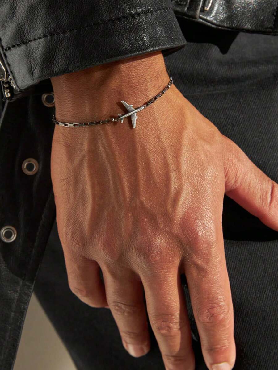 STONEFANS 1pc Minimalist Niche Design Paper Airplane Bracelet For Men, Summer Casual Style - Silver - View 1