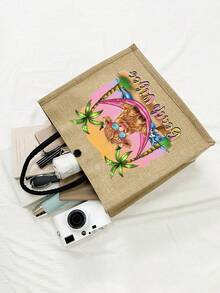 Sac à main en lin imprimé de vache des Highlands, motif ambiance plage, grand sac cosmétique avec corde à main, cadeau de Noël, porte-monnaie en lin, sac de courses, sac cosmétique, avec design d'impression de lettres et de motifs artistiques pour femmes, utilisation quotidienne comme sac de courses pratique. Cadeau de remerciement pour les enseignants, guide des cadeaux de la Saint-Valentin, cadeaux de la Saint-Valentin abordables, Pâques, Fête des Mères - Multicolore - Voir 4