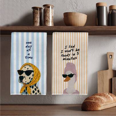 2pcs Funny Time Text, Duck & Spotted Dog Pattern 40*60cm Absorbent Microfiber Kitchen Towels, Dish Cloths, Hand Towels, Kitchen Decor, Housewarming Gifts, Suitable For Kitchen & Bathroom, Great For Homemakers And Family Gatherings, High Cost-Effective Household Essential