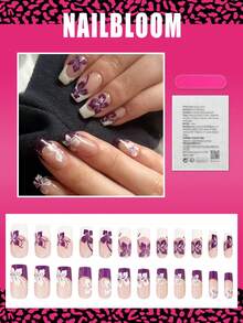 24片中号棺材形法式美甲贴片，春日紫色花朵白色法式尖头美甲，中号全覆盖亮面假指甲套装，包含：1片果冻胶和1个指甲锉，易于佩戴，适合日常佩戴，法式尖头美甲贴片，适合女性和女孩的日常生活 - 彩色 - 查看 2