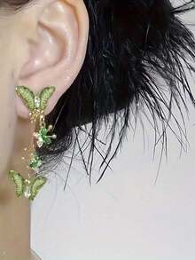 1 Cặp bông tai dài hình bướm xanh thanh lịch và tua rua, đa năng để đeo hàng ngày - màu xanh lá - Xem 3