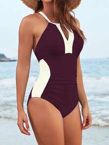 Women's Swimsuit Stylish Contrast Color Sleeveless Cross Back Tummy Control Bathing Suit For Beach Pool - Mauve Purple - View 5