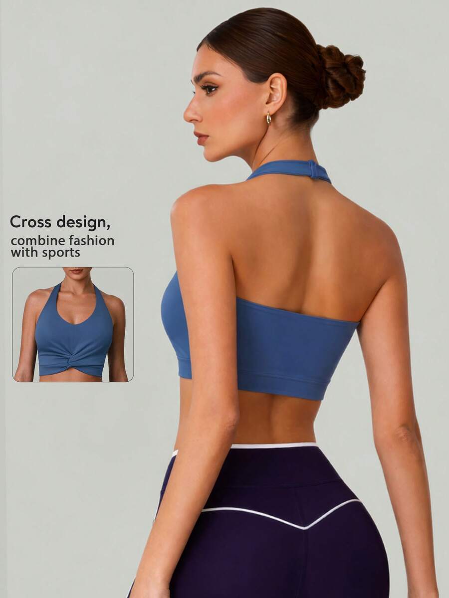 Women's Halter Neck Backless Sports Crop Top High Elasticity Sleeveless Yoga Vest With Removable Chest Pads - Blue - View 1