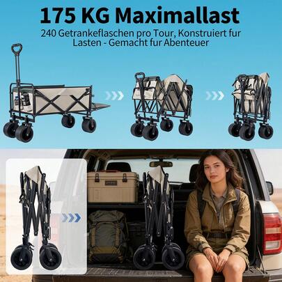 Wózek wielofunkcyjny składany o udźwigu 175 funtów i pojemności 130 litrów z kołami, wytrzymały, wielofunkcyjny wózek ręczny z pełnymi oponami i kółkami obrotowymi 360°, organizer podróżny do użytku na świeżym powietrzu