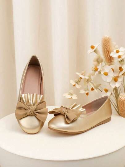 Kids Elegant Light Gold Mary Jane Flats With Bow Embellishment Lightweight Comfortable Dress Shoes For Wedding & Holiday