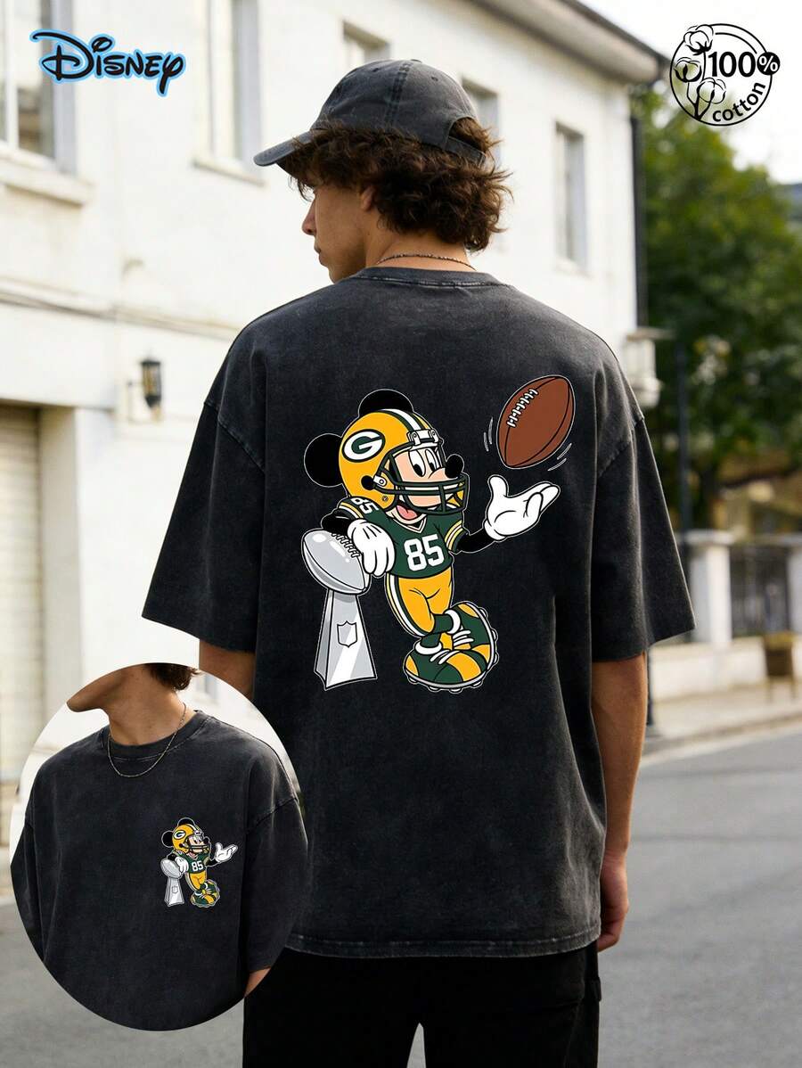 Mickey T-Shirt, Disney Short Sleeved T-Shirt, Mickey Mouse Shirt, Rugby Sports, Casual T-Shirt, Suitable For Both Men And Women, Unisex T-Shirt, 230G Washed High-Quality Cotton Double-Sided Printed T-Shirt, Graphic Shirts,Summer Outfits,Graphic Tees Men, Disneyland T-Shirt, Suitable For Retro Streetwear, Gatherings, Daily Wear, And Vacations - Black - View 1